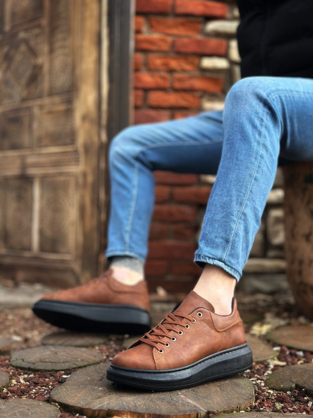 Thick High-Top Tan Black Lace-Up Men's Sneakers