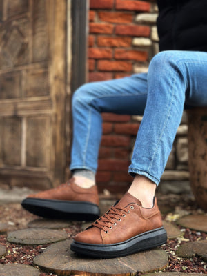 Thick High-Top Tan Black Lace-Up Men's Sneakers