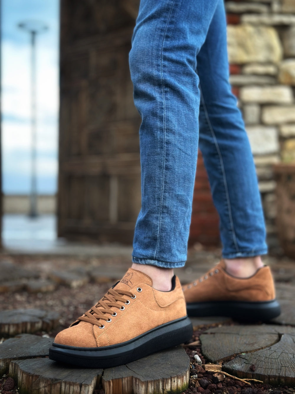 BOA Thick High Sole Tan Black Suede Lace-Up Men's Sneakers