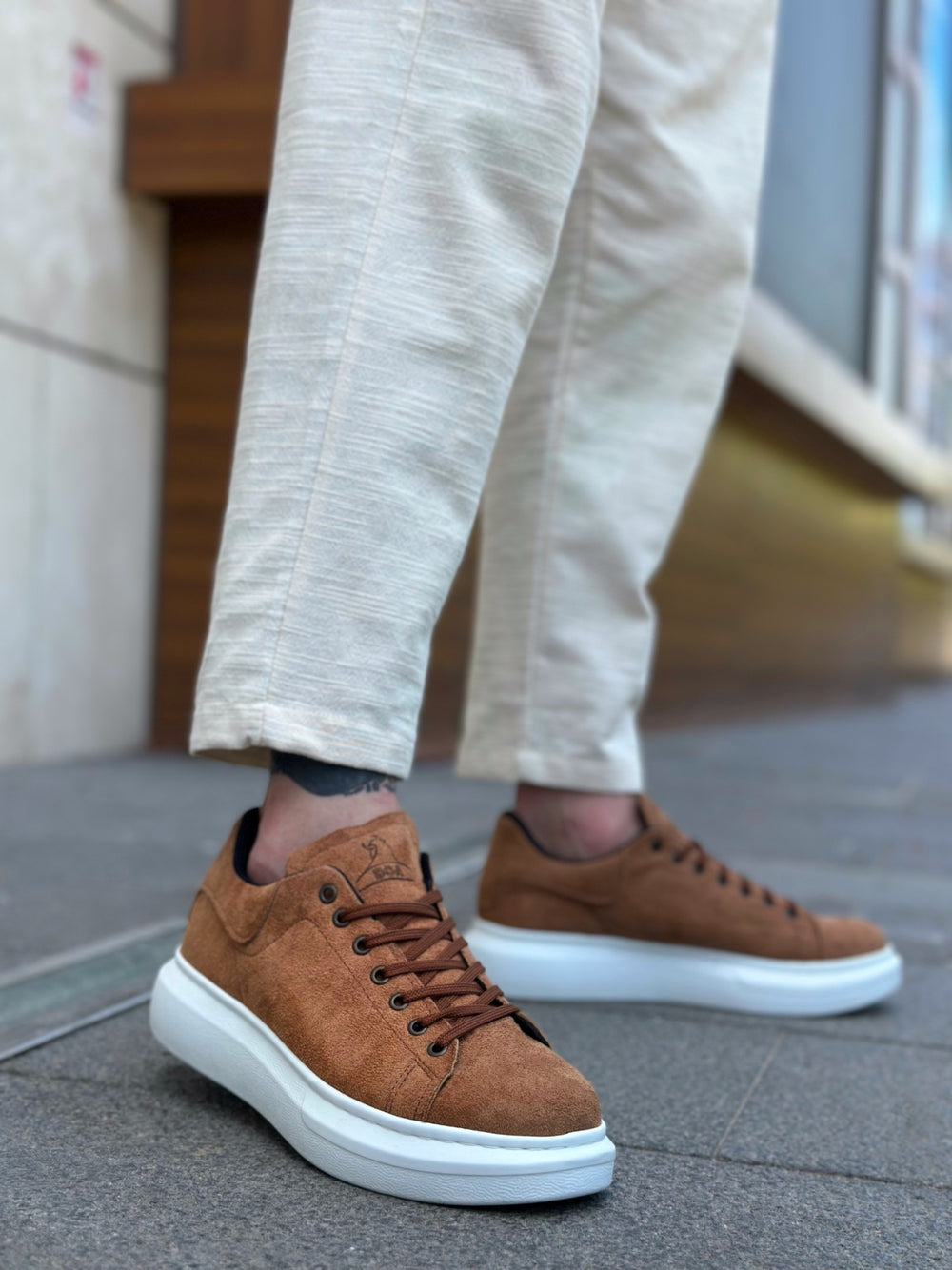 BOA Thick High Sole Tan Suede Lace-Up Men's Sneakers