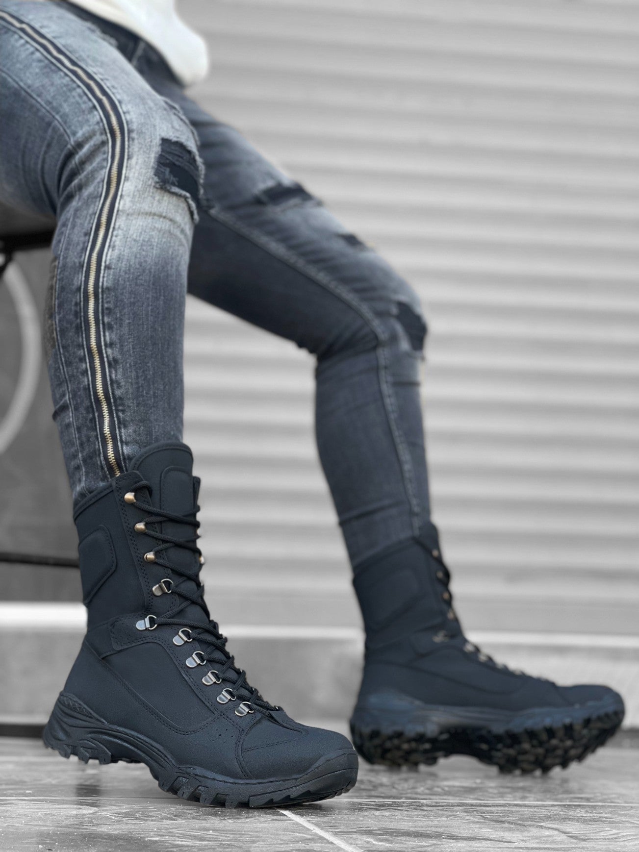 Lace-Up Black Nubuck Military Ankle Boots