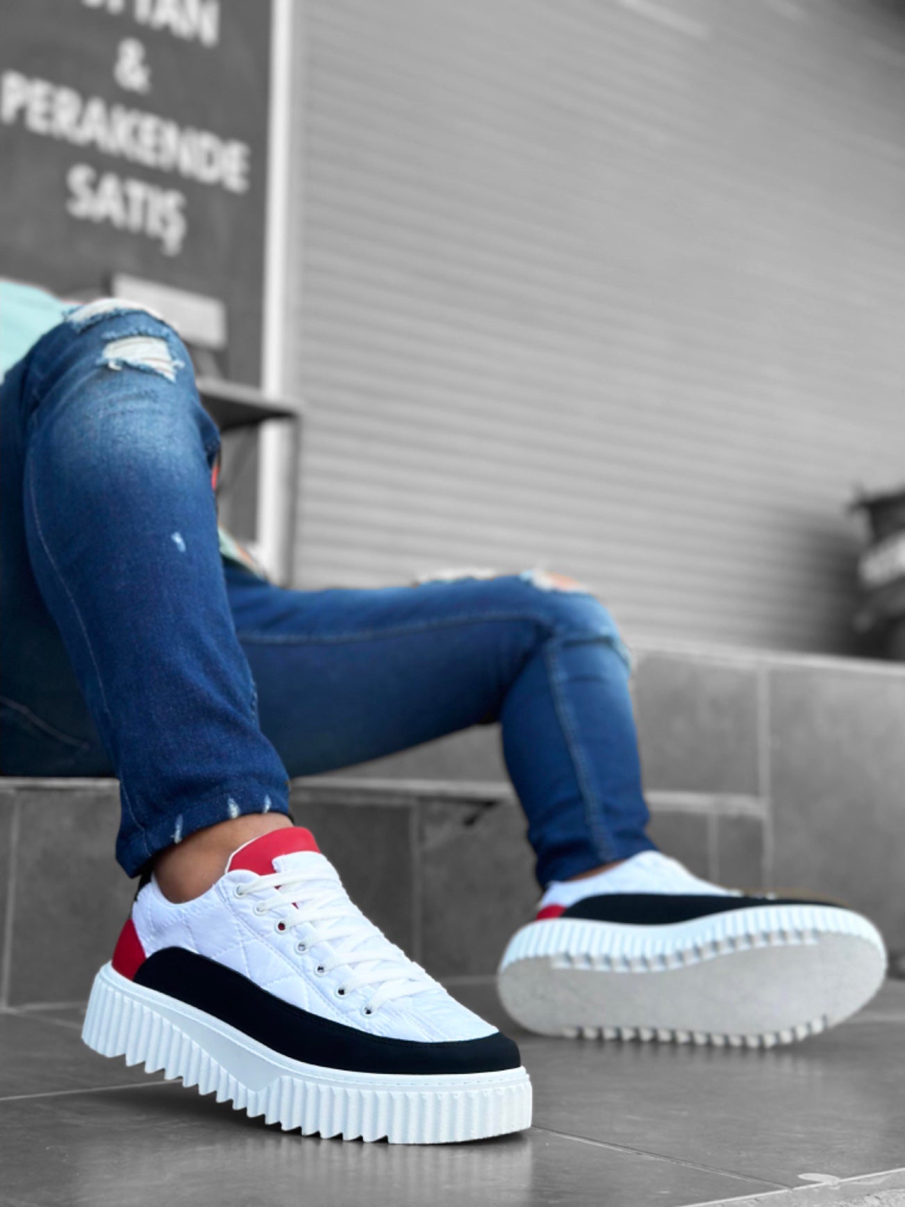White Parachute Fabric High-Top Men's Sneakers with Skin Detail