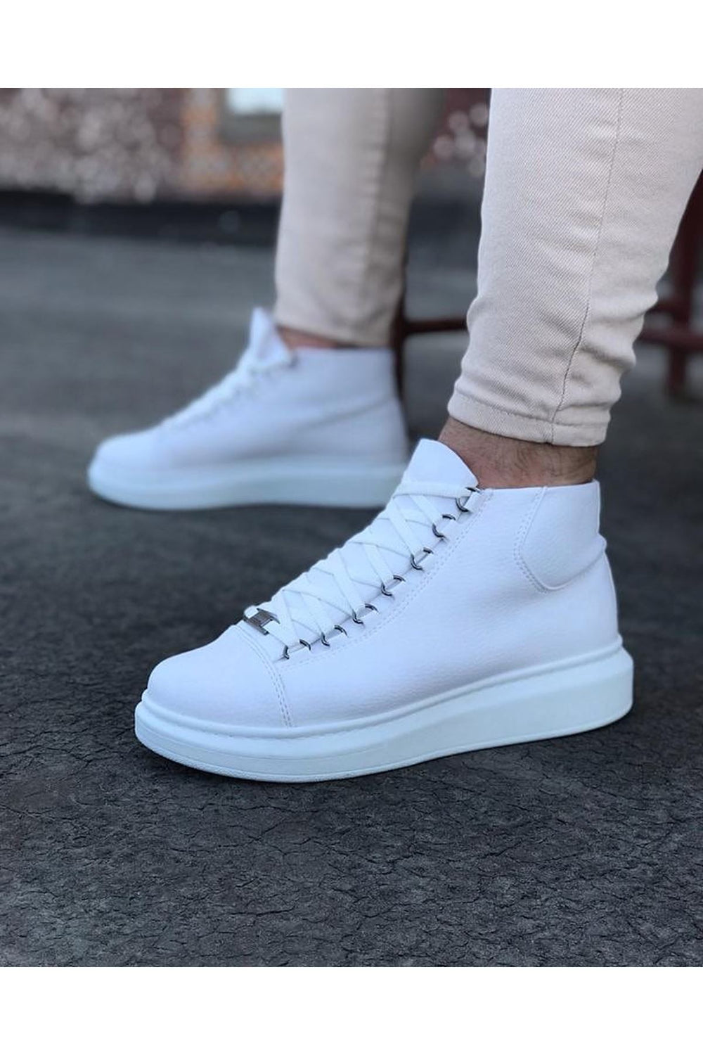 White Lace-Up Sneakers Ankle Boots - Wagoon WG032