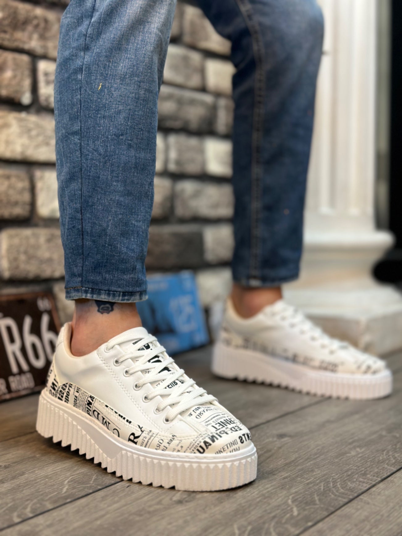 Newspaper Print High Top Men's Sneakers - BA0801 BOA