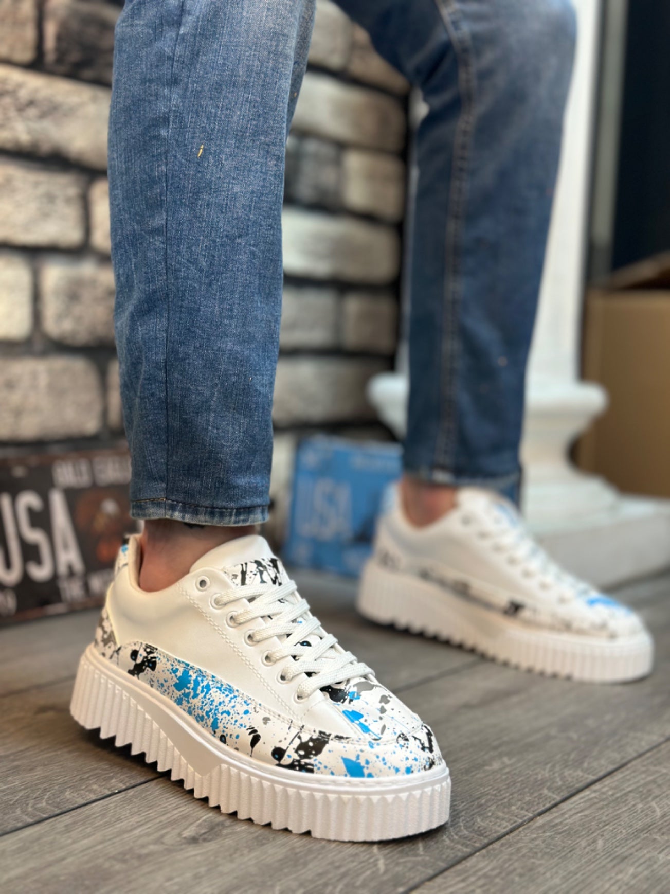 Blue Patterned High Top Men's Sports Shoes BA0801 BOA