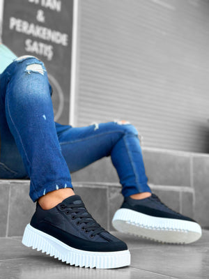 Black Parachute Fabric High Top Men's Shoes with Leather Detail