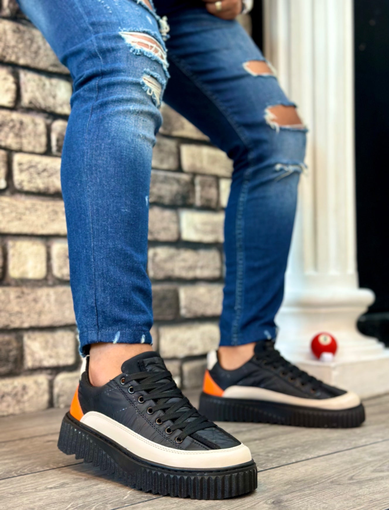 BA0801 BOA High-Top Black Parachute Fabric Orange Leather Detail Men's Shoes