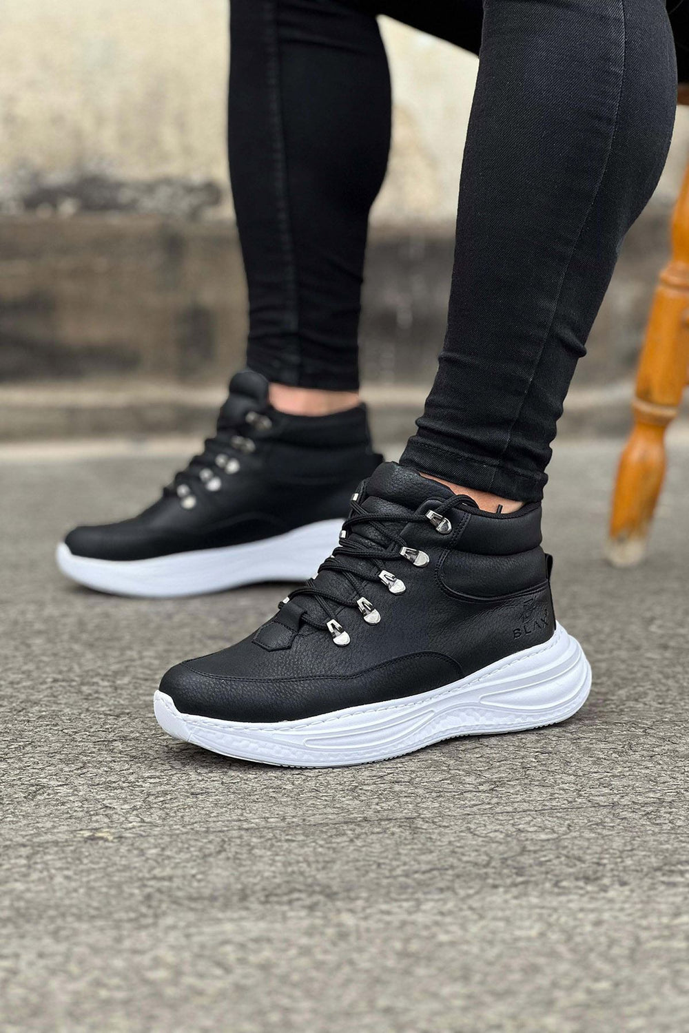 Black Leather High Top Half Ankle Boot