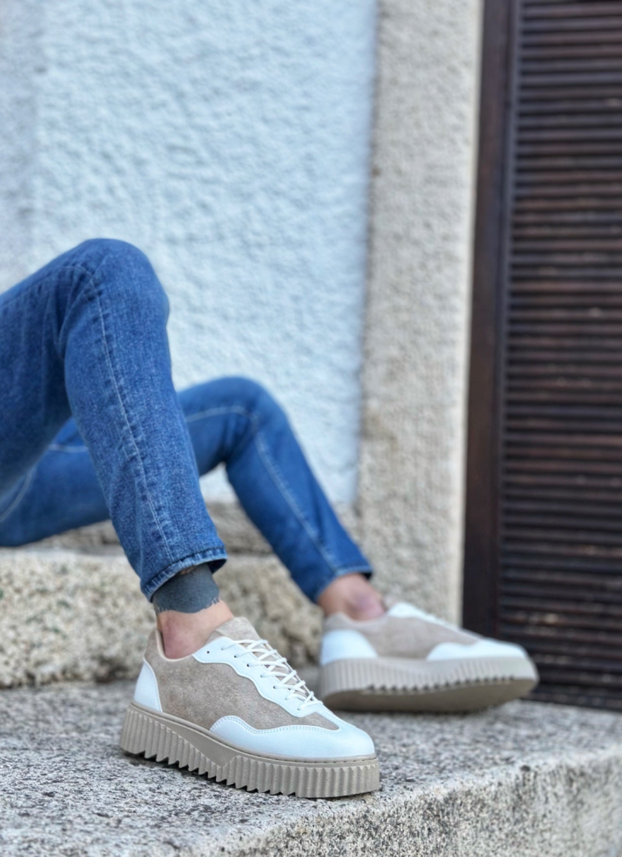 Men's Casual Suede High Sole BOA Cream Shoes