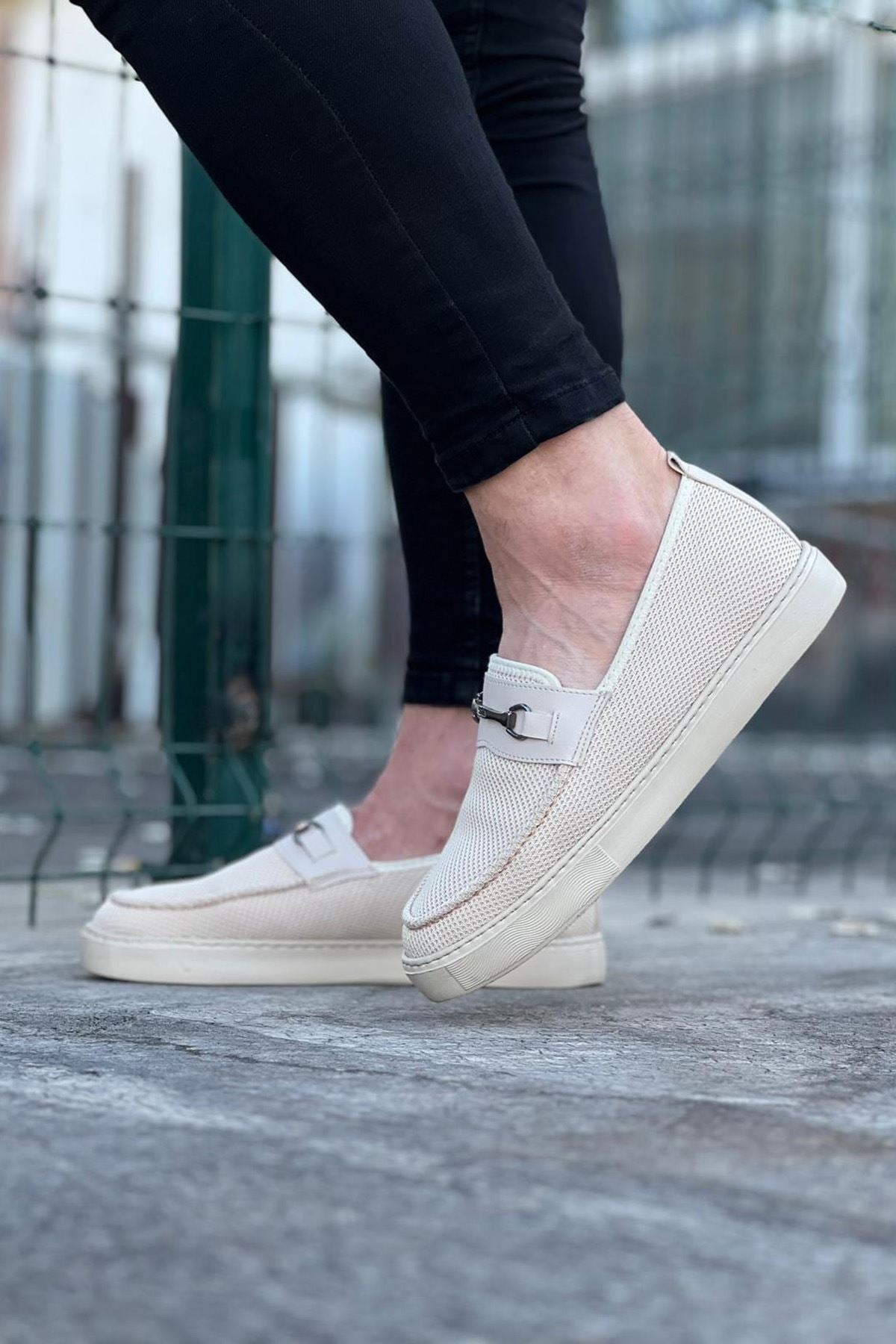 Casual Men's Beige Stripe Loafer Shoes - Wagoon WG060