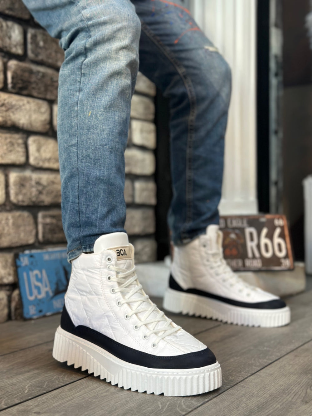 Sky High White Parachute Fabric Navy Leather Men's Shoes