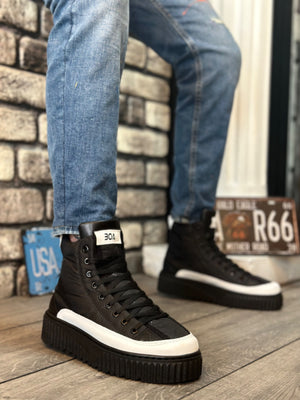 BA0811 BOA High-Top Black Parachute Fabric White Leather Detailed Ankle Sport Boot