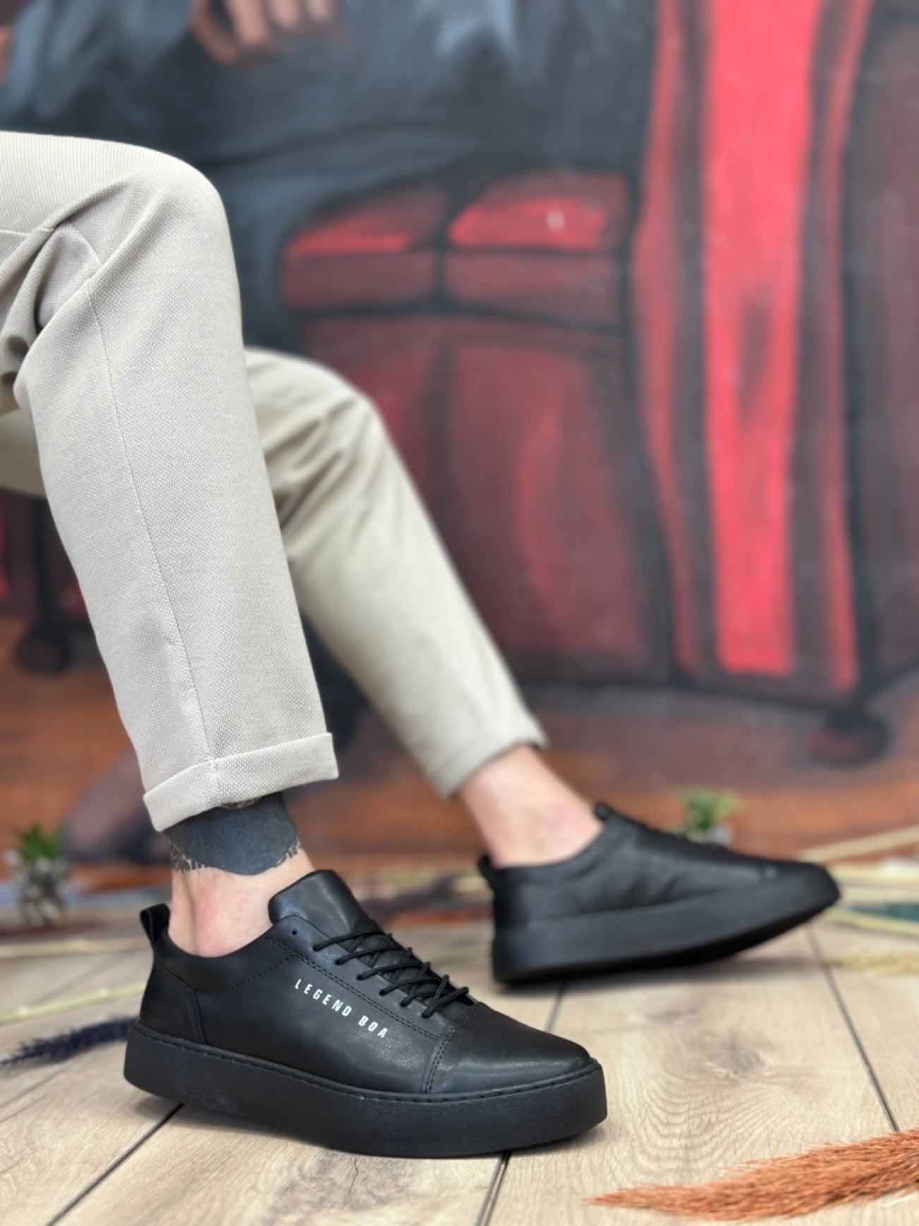 BA104 BOA High Black Leather Black Sole Lace-up Men's Shoes