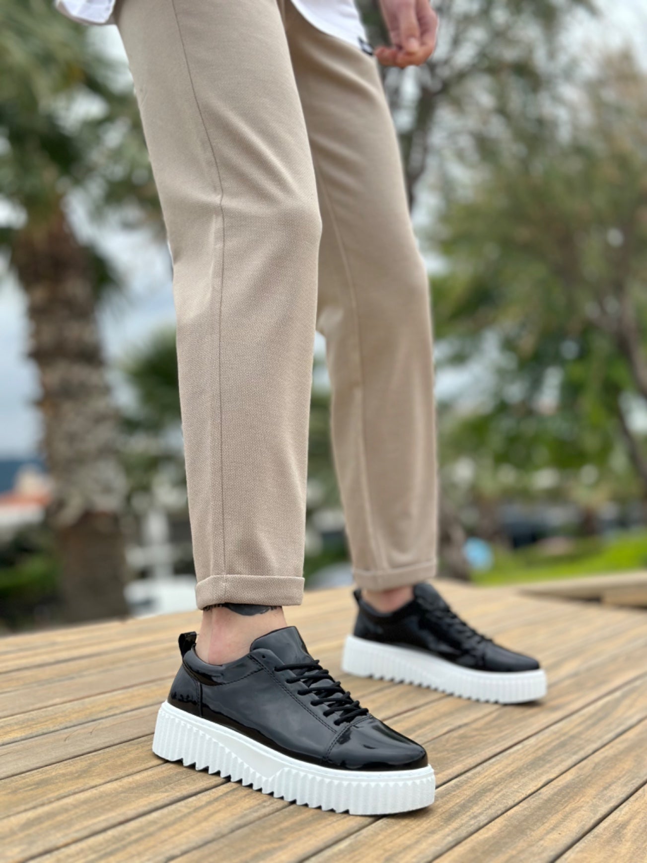 Black Platform Patent Leather Lace-Up Men's Shoes
