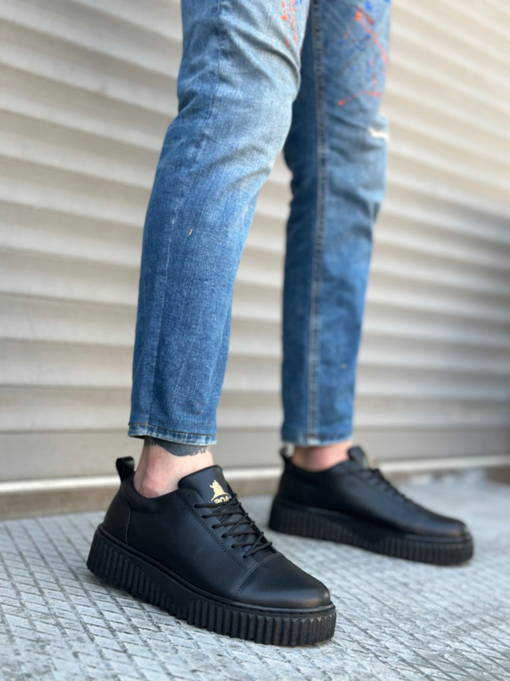 Men's Black Leather High Sole Black Lace-Up Shoes