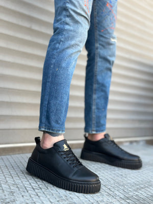Men's Black Leather High Sole Black Lace-Up Shoes