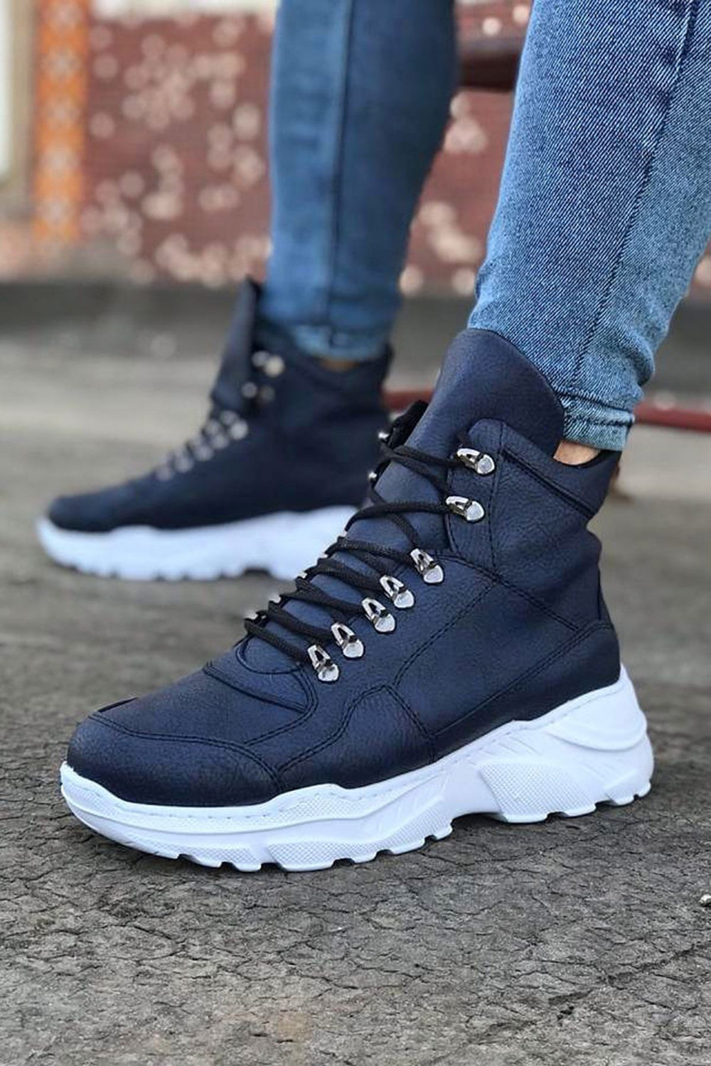 Navy Long Lace-Up Ankle Boots