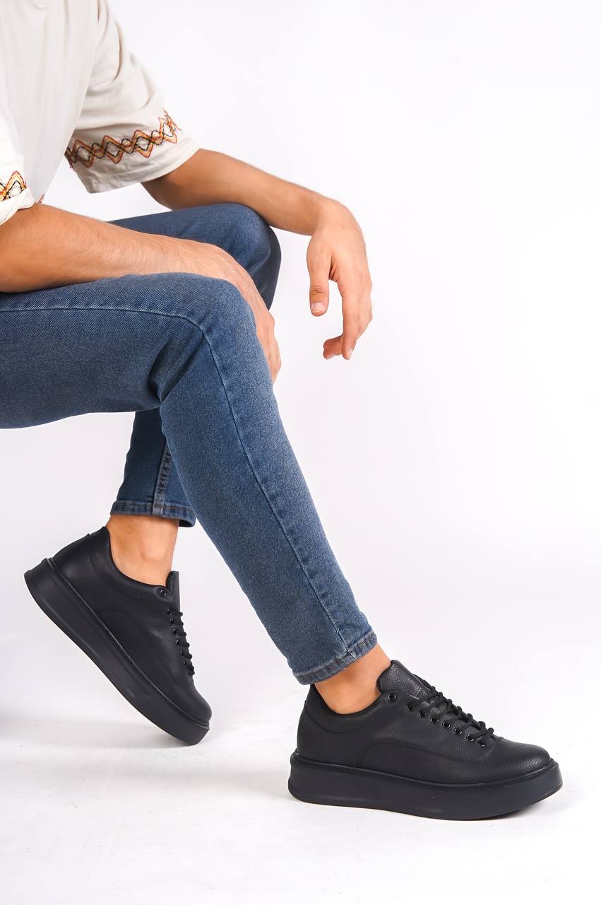Black Leather Black Sole Lace-up Men's Casual Shoes