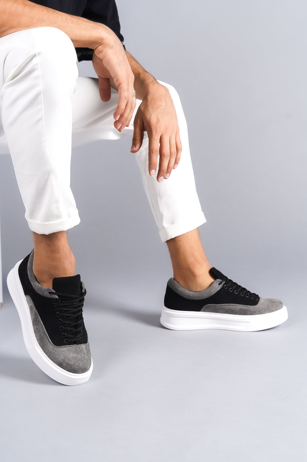 Black Gray Suede Lace-Up Casual Men's Shoes