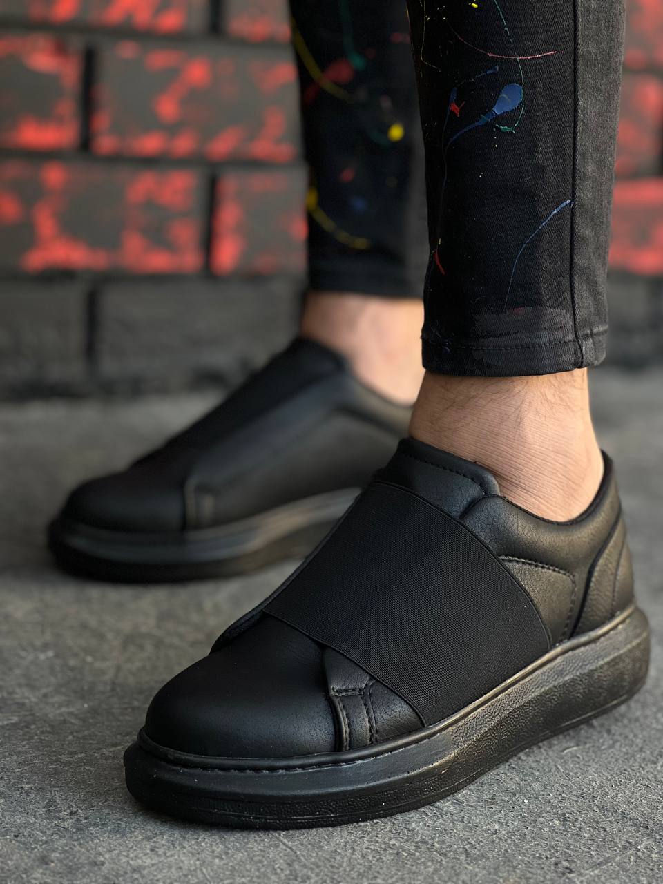 Black Leather High Top Lace-Up Casual Men's Shoes