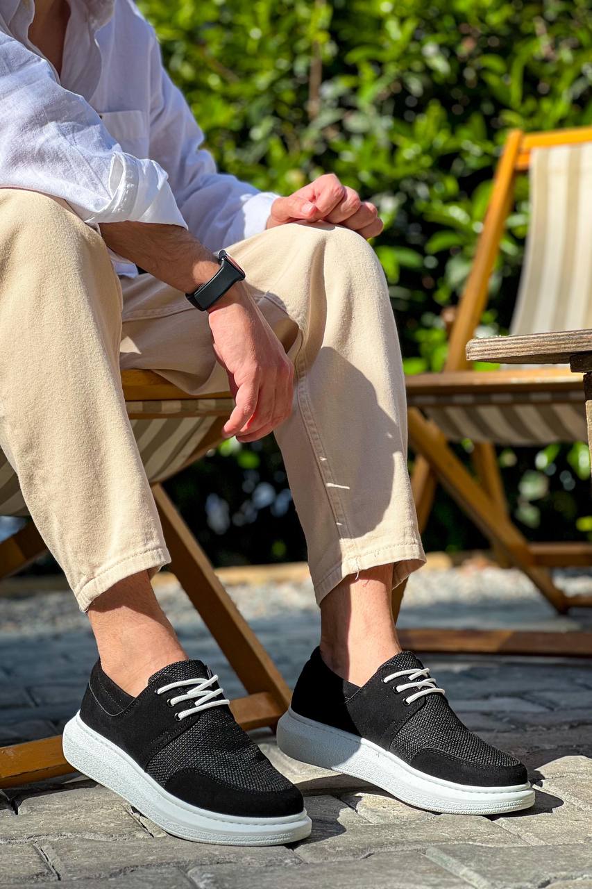 Black Leather Lace-Up Casual Men's Shoes with White Sole