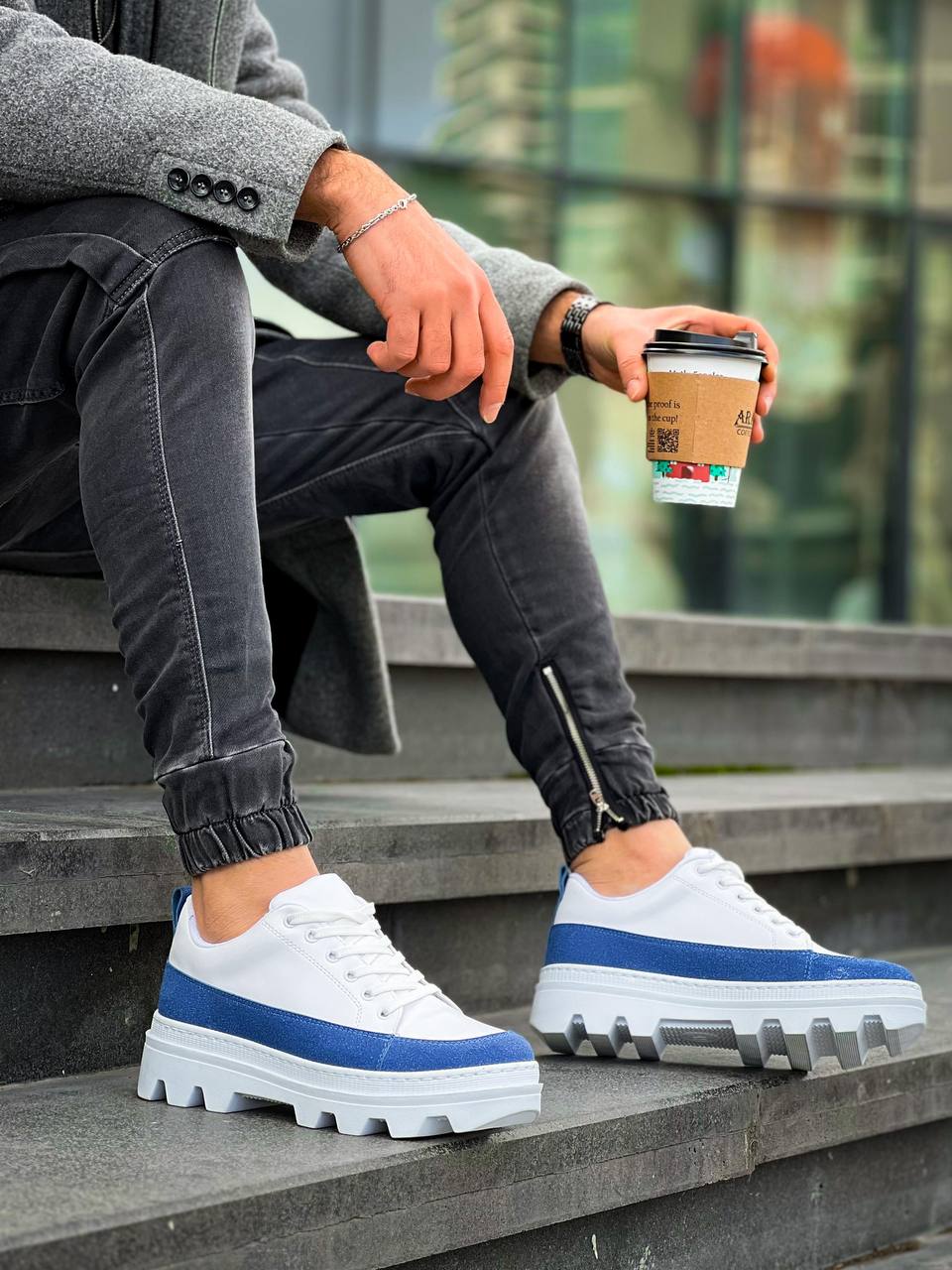 White Blue Detailed White High Top Casual Sneakers