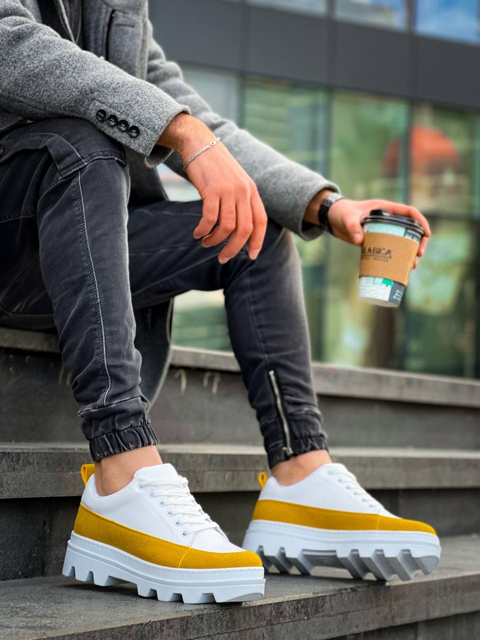 White Yellow Detailed White High Sole Casual Sneakers