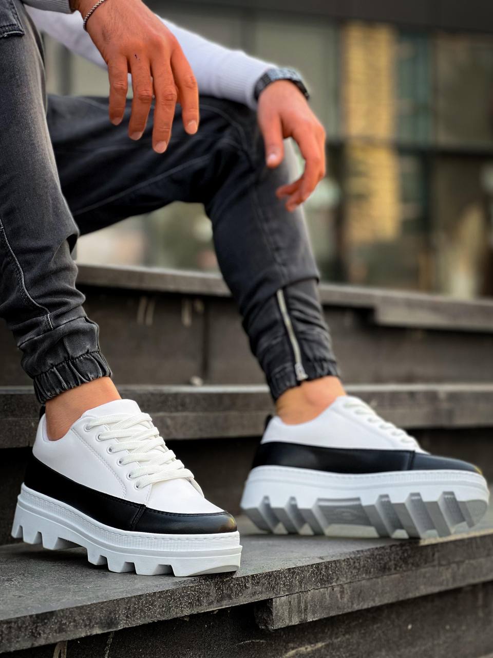 White Black Detail High Sole Casual Sneakers KB-056