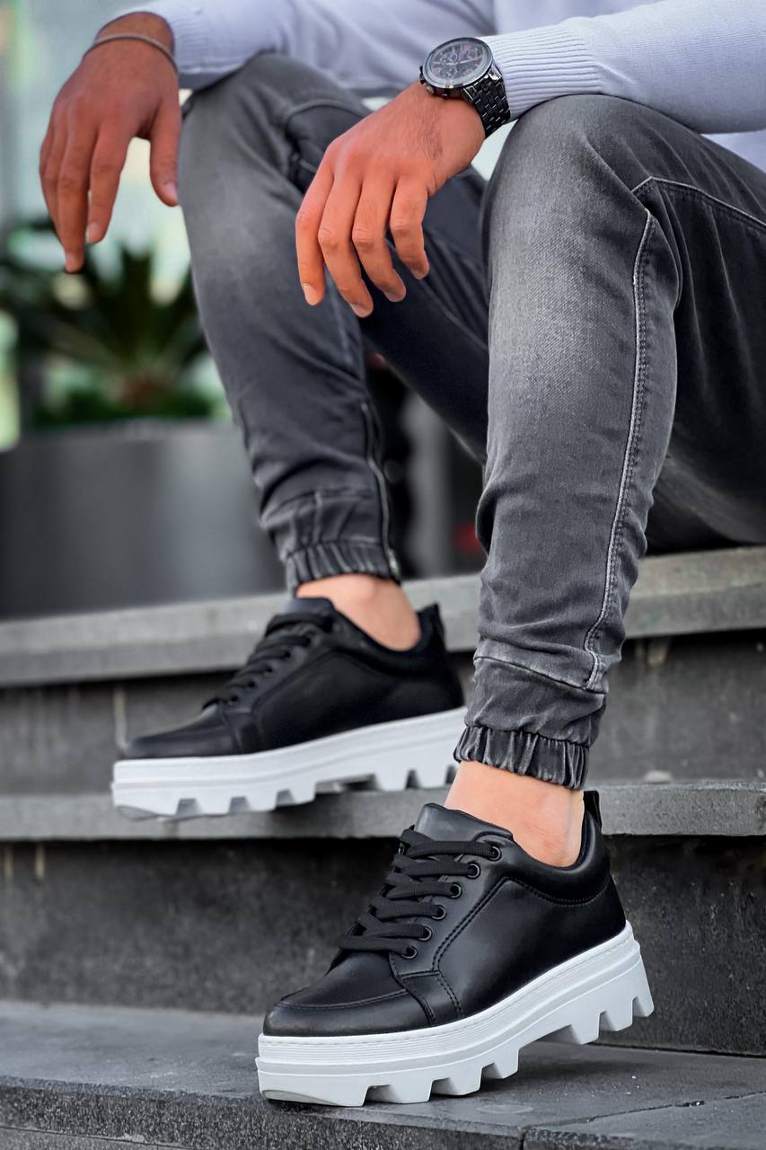 Black Leather White High Top Casual Sneakers