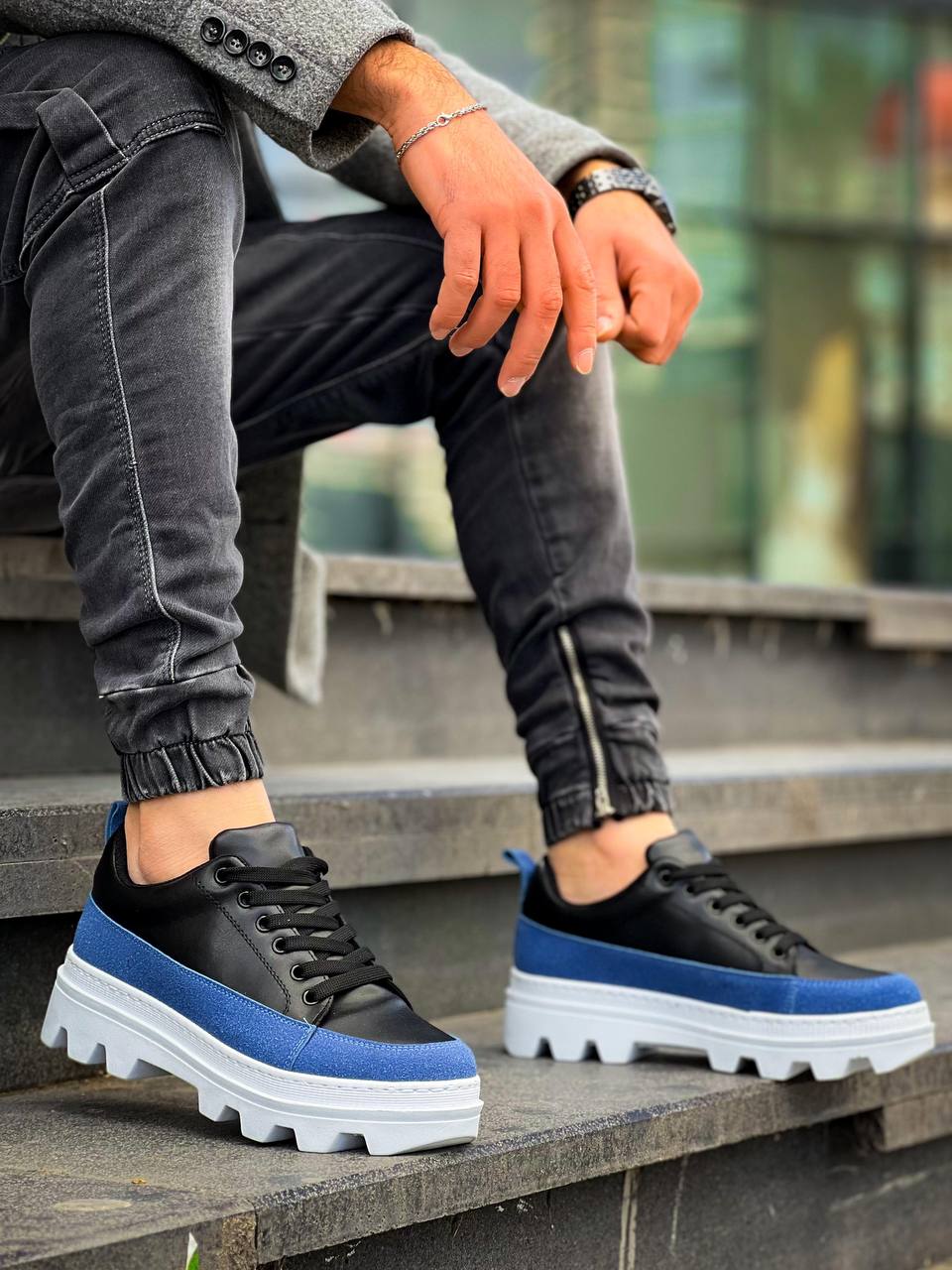 Black Blue Detail White High Top Casual Sneakers