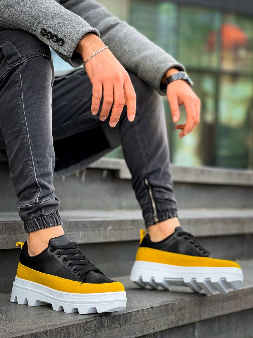 Black Yellow Detailed White High Top Casual Sneakers
