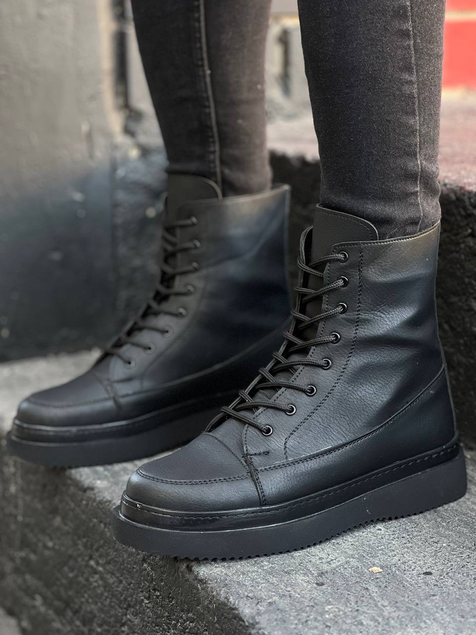 Black Leather High Sole Lace-Up Platform Ankle Boots