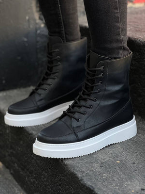 Black Leather High-Top Lace-Up Platform Boots