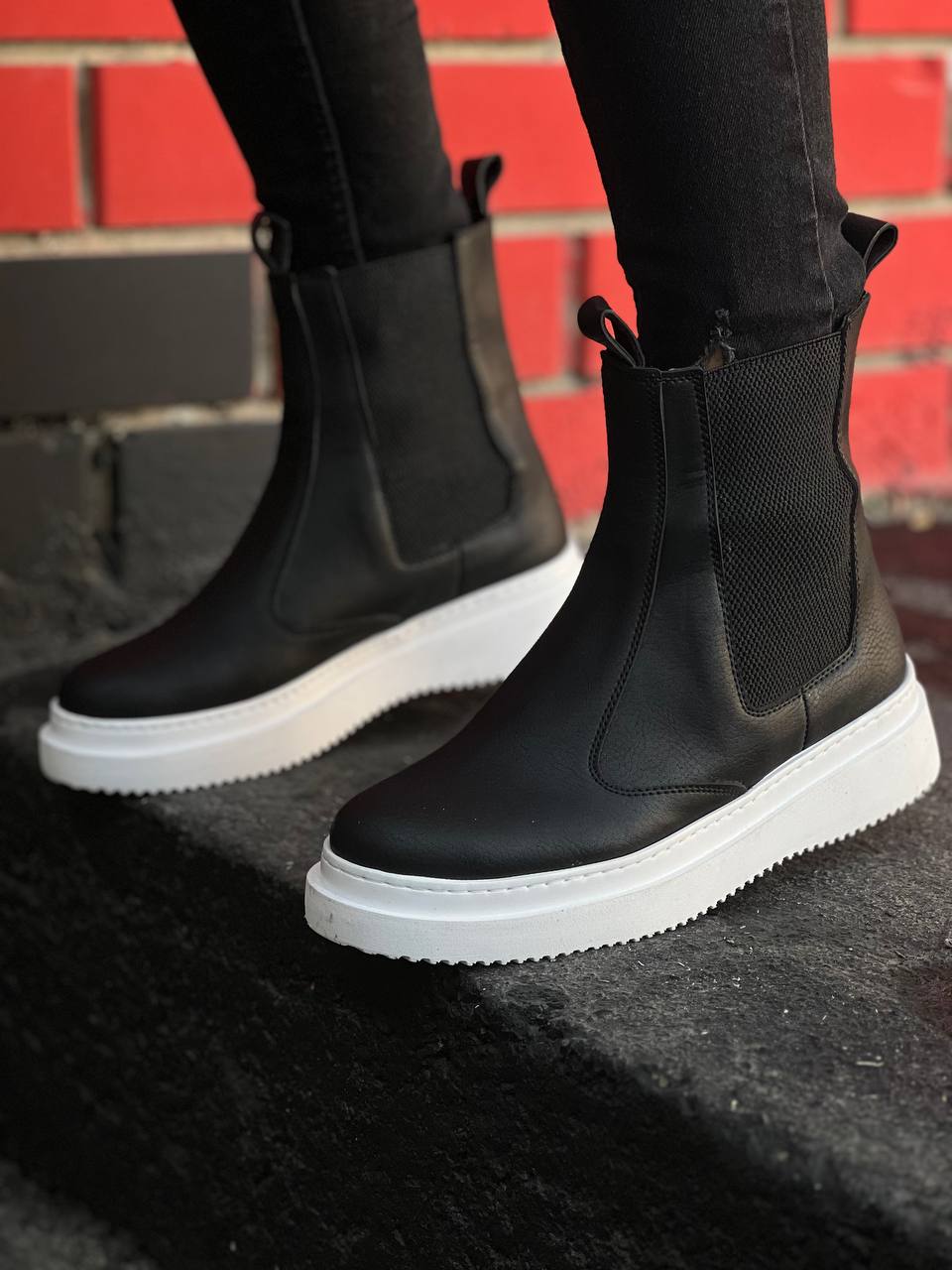 Black Leather High Top Elastic Men's Boots