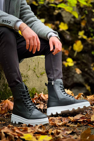Black Leather White High Top Platform Ankle Boots