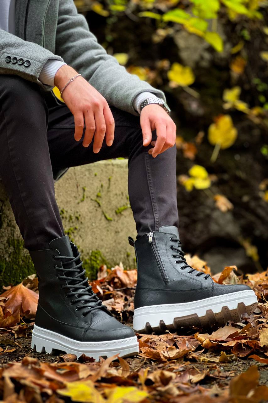 Black Leather White High Top Platform Ankle Boots
