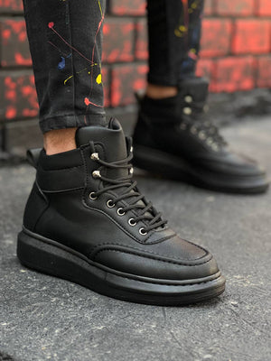 Black Leather High Top Men's Ankle Boots - KB-0994
