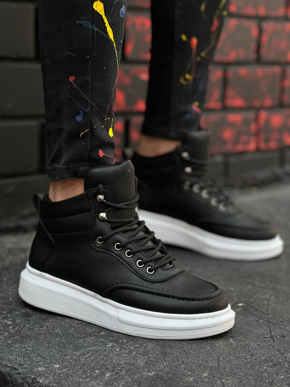 Black Leather High Top Men's Ankle Boots