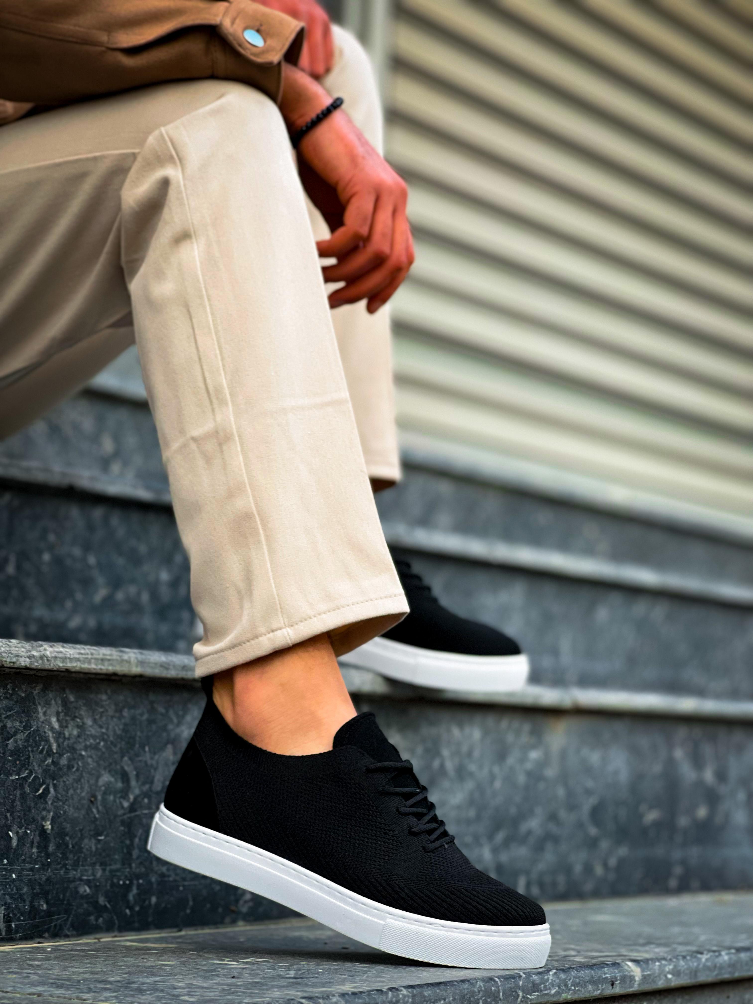 Black Knit Lace-Up Casual Men's Shoes