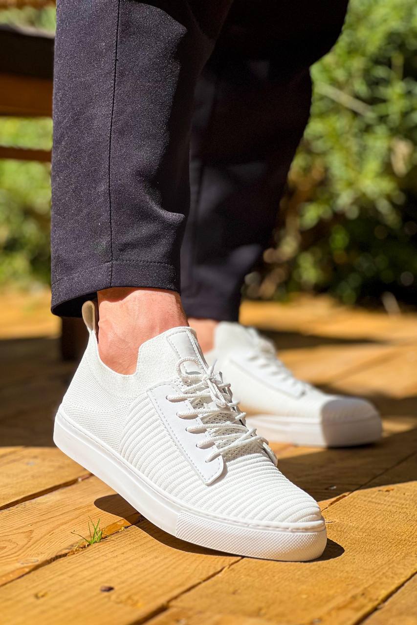 White Knit High Top Lace-Up Men's Casual Shoes