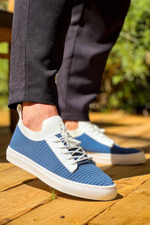Blue Knit High Top Lace-Up Casual Men's Shoes