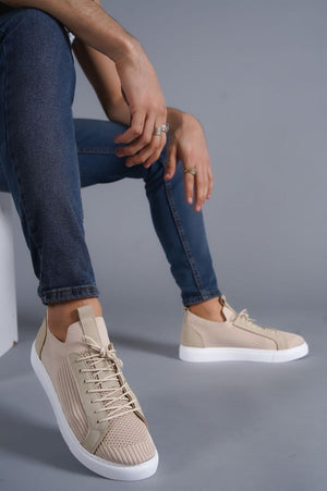 Men's Casual Lace-Up Sneaker KB-112 Beige T-shirt Style