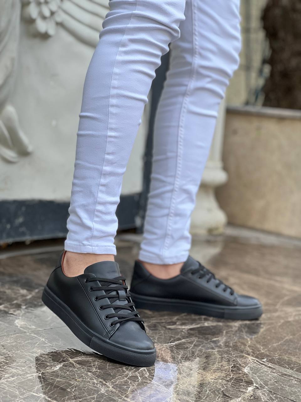 Black Leather High Top Lace-up Men's Casual Shoes