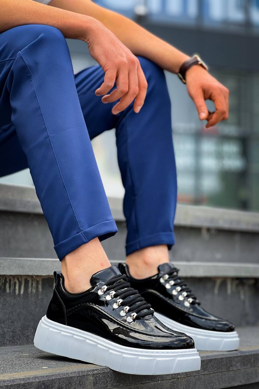 Black Patent White High Top Casual Sneakers