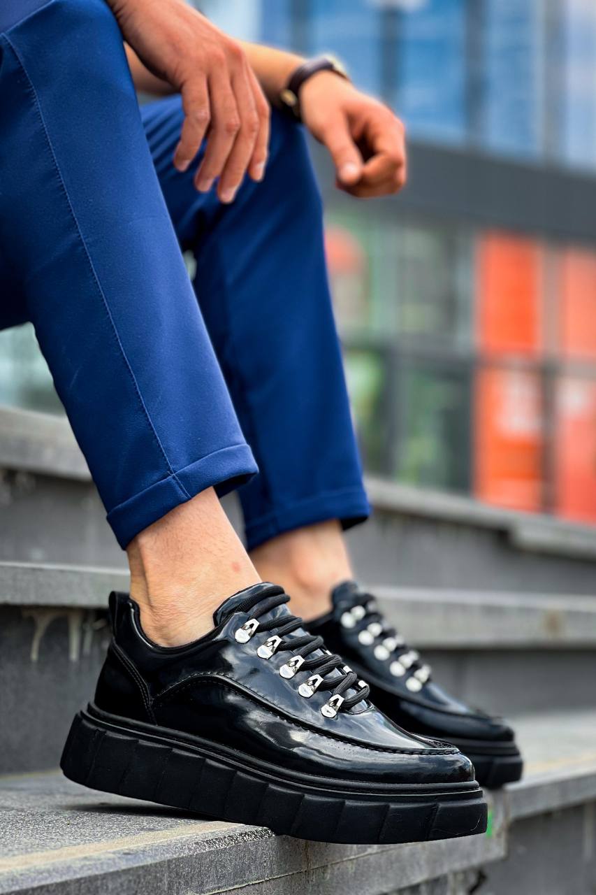 Black Patent Leather High Top Casual Sneakers
