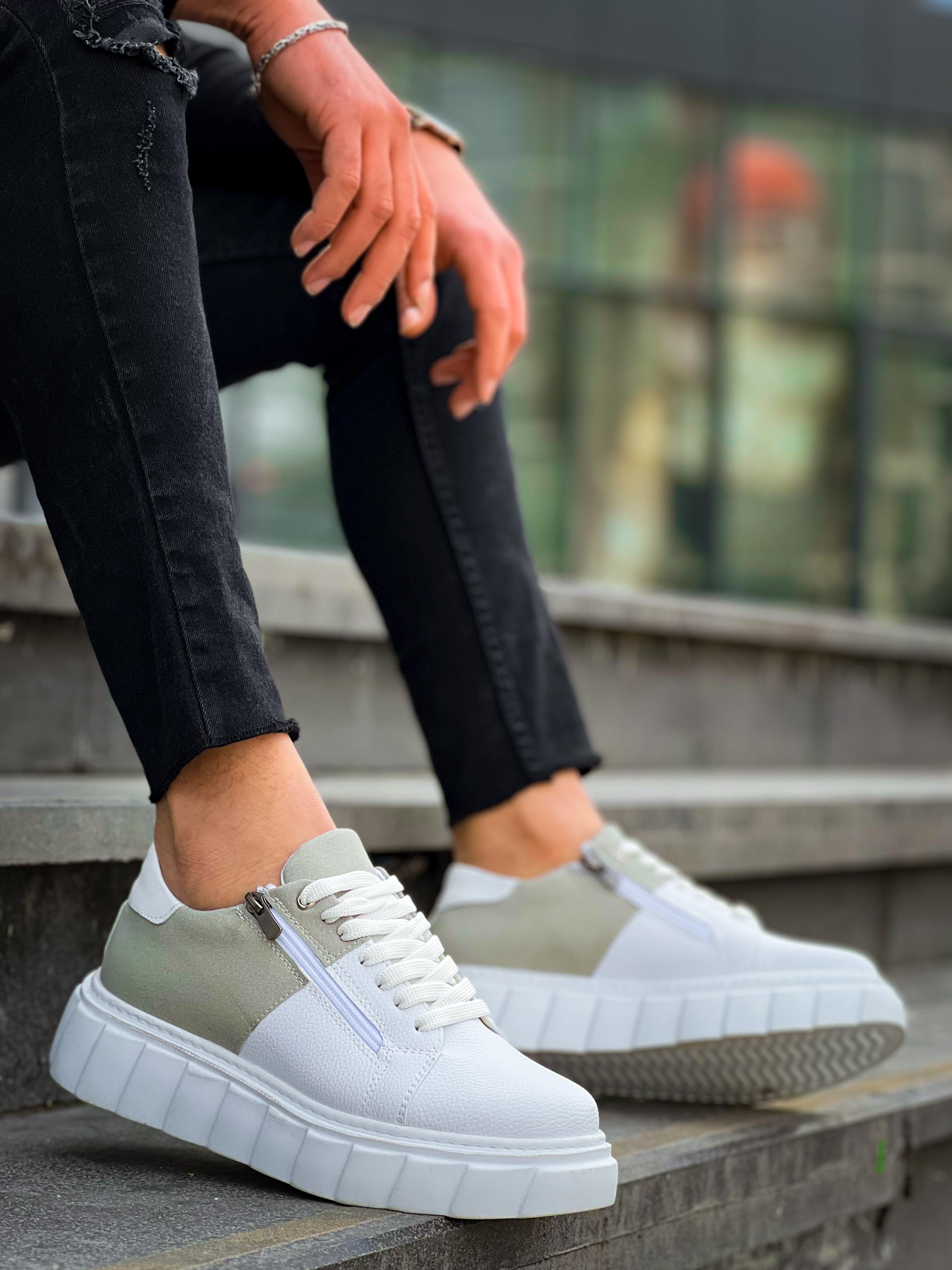 White High Top Sneakers with Gray Suede Detail - KB-X155