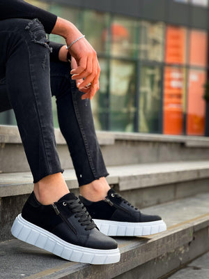 Black Leather Black Suede Detail White High Sole Casual Sneakers