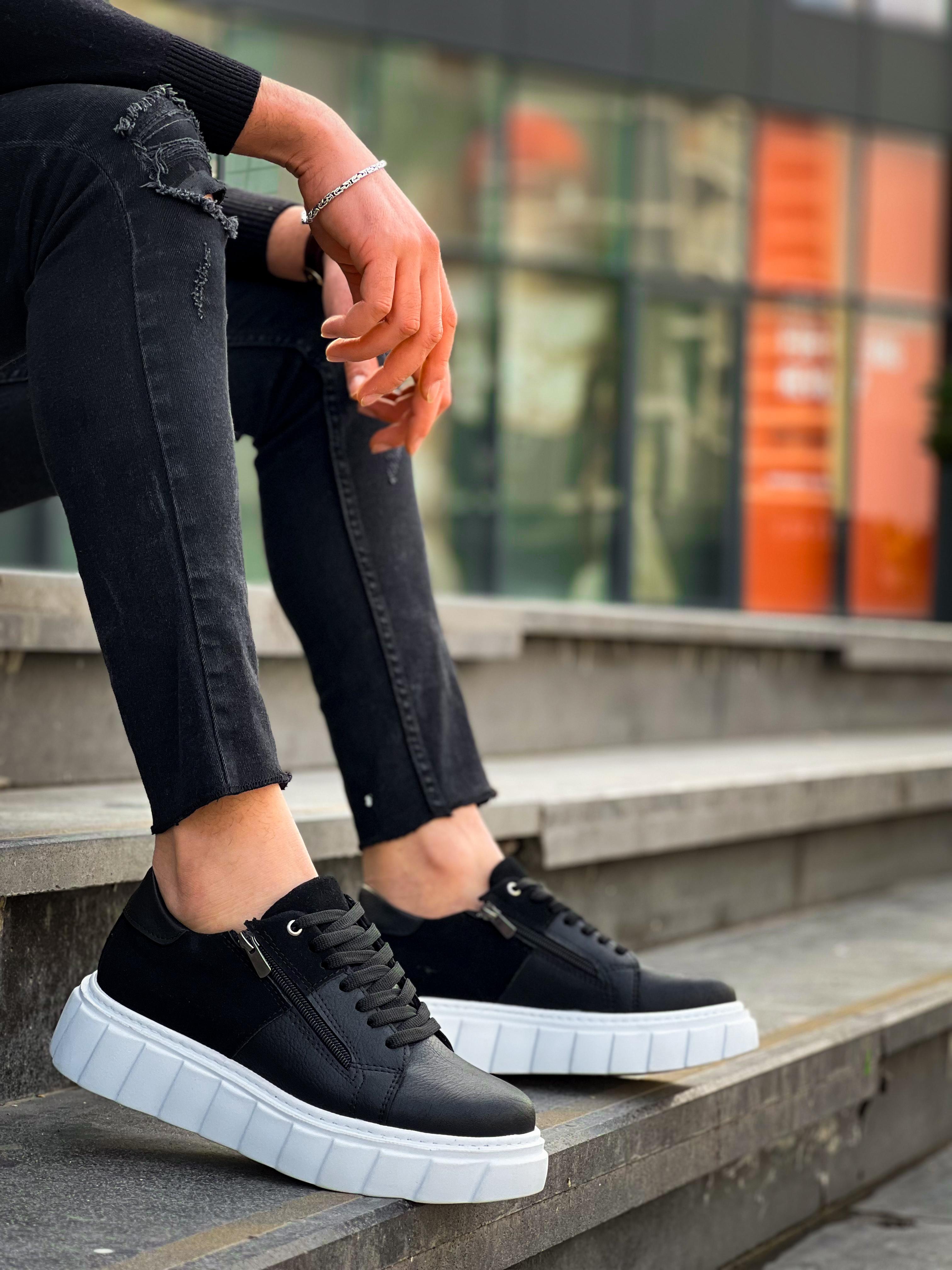 Black Leather Black Suede Detail White High Sole Casual Sneakers