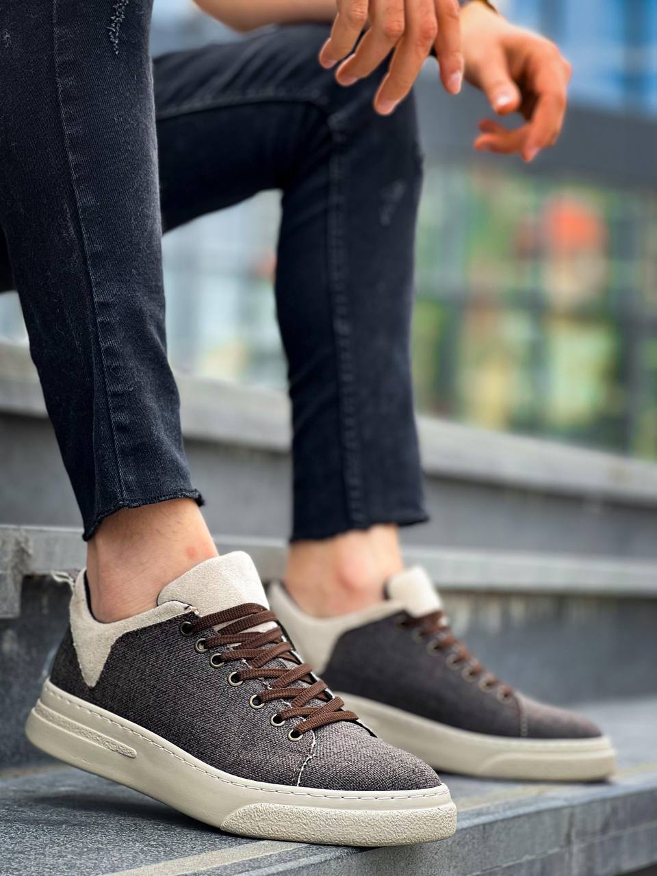 Men's High Sole Daily Casual Sneakers - Beige Canvas Sole