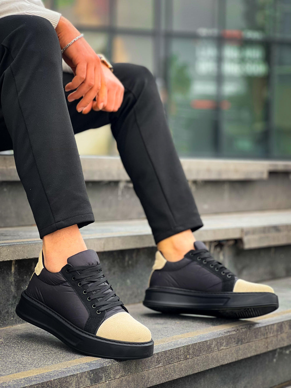 KB-X46 Black Beige High Black Sole Casual Sneakers